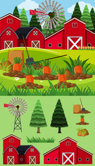 Farm scene with red barn and carrot garden