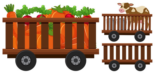 Fototapeta premium Vegetables and cow in the wooden wagons