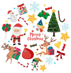 Christmas characters and ornaments on white background