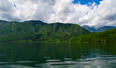 Mountain lake on sky