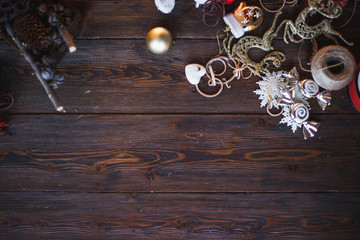 Blackboard with christmas tree twigs and balls. Xmas and Happy New Year composition. Flat lay, top view. Copy space