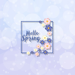 Hello spring poster design with blue flowers