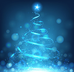 Blue christmas tree on bright blue background