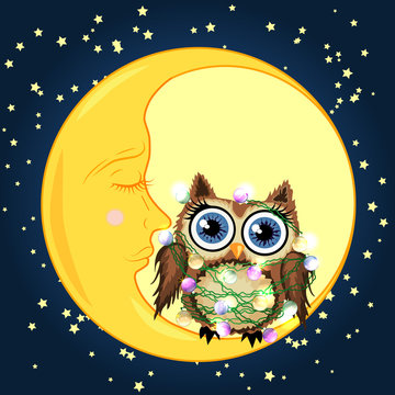 Cute cartoon brown owl tangled in garlands of light bulbs, mimicking the stars and the glow of the crescent moon sits on the slumbering against the night sky with stars