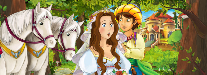 Cartoon scene of beautiful wedding pair prince and princess in the forest near castle in the background - illustration for children