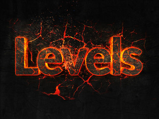 Levels Fire text flame burning hot lava explosion background.
