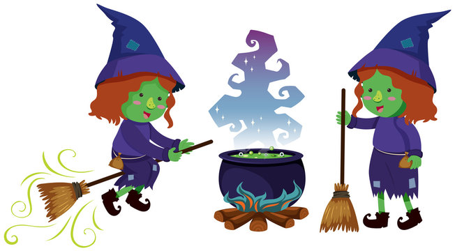 Two witches and magic brew pot