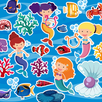 Seamless background with mermaids and fish