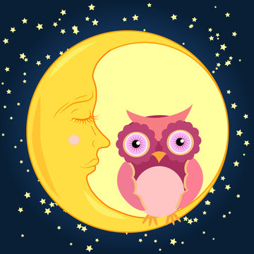 Cute cartoon pink owl sits on the slumbering crescent moon in the night sky with stars