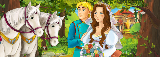 Cartoon scene of beautiful wedding pair prince and princess in the forest near castle in the background - illustration for children