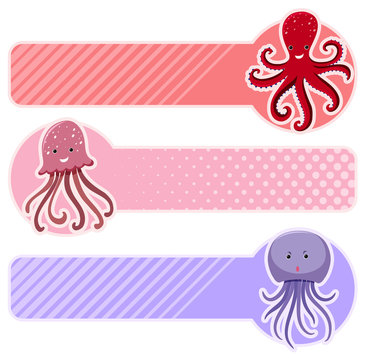 Three banners with octopus and jellyfish