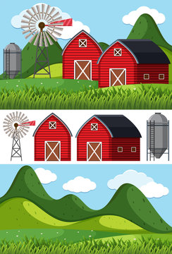 Farm scenes with red barns and windmill
