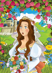 Obraz na płótnie Canvas Cartoon scene of beautiful princess in the garden - castle in the background - illustration for children