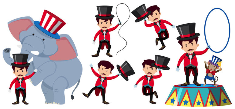 Animal trainer in the circus with elephant and monkey