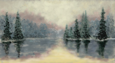 Winter paintings landscape, oil digital art