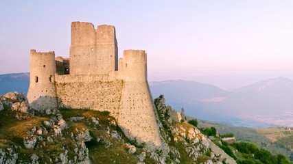 Aerial view of Rocca Calascio castle in Italy at the sunset