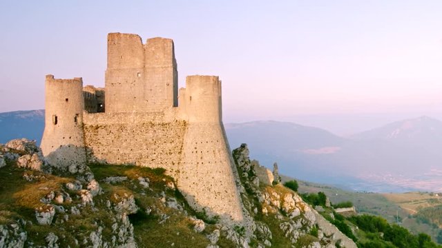 Aerial view of Rocca Calascio castle in Italy at the sunset
