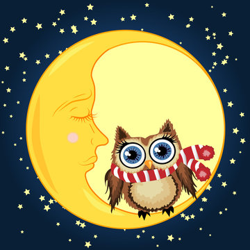 A lovely cartoon brown owl in a red scarf sits on a drowsy crescent moon against the background of the night sky with stars