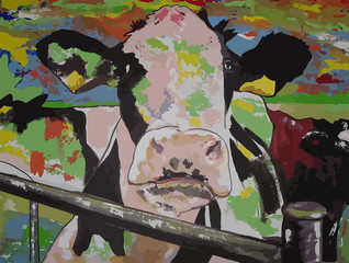 Colorful painting of a cow standing in the meadow looking over the fence. Digitized into a vector file.