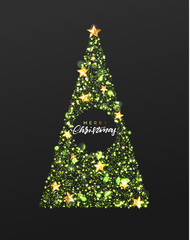 Christmas greeting card. Background Xmas tree made of stars and snine green sparkle particles. Vector Happy New Year
