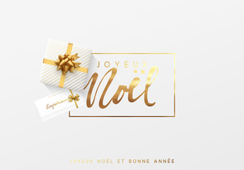 Fototapeta na wymiar French text Joyeux Noel. Merry Christmas gold lettering in a frame background.