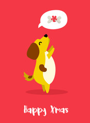 Cute yellow dog with bone on red background. Flat style. Vector christmas card.