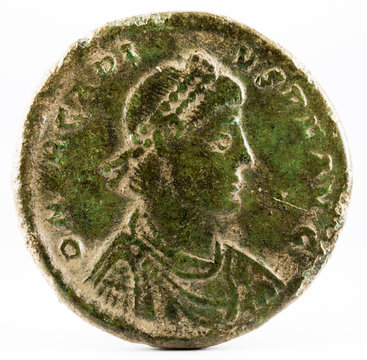 Ancient Roman copper coin of Emperor Arcadius. Obverse.