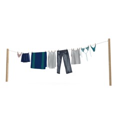 Clothes hanging on the clothesline on white. 3D illustration