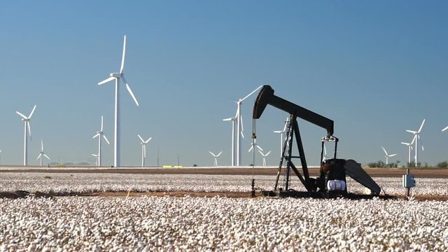 Cotton Field Agriculture Wind Turbines Oil Derrick Energy Production