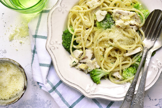 Spaghetti with broccoli,chicken fillet and parmesan.