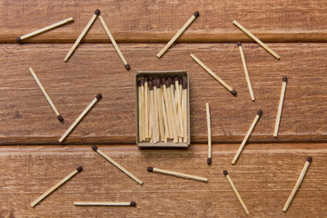 The concept of chaos and order. Chaotic match boxes lying around with the order of stacked matches.