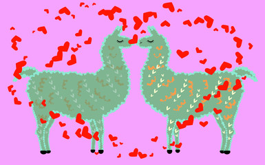 Two lovers kissing llamas surrounded by hearts. Love in the air, postcard to the day of Saint Valentine