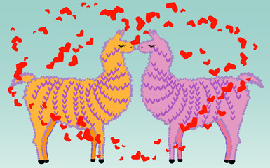 Two lovers kissing llamas surrounded by hearts. Love in the air, postcard to the day of Saint Valentine