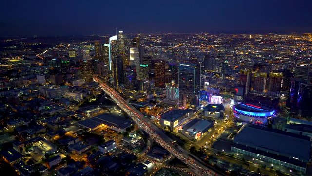 Aerial view of a Downtown Los Angeles just after sunset in 4k