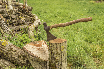 old ax and fire wood