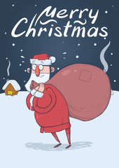 Christmas card of funny confused Santa Claus with big bag in the snowy night in front of festive houses. Santa looks lost. Vertical vector illustration. Cartoon character. Lettering. Copy space.