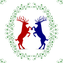Abstract Silhouette in a patterned frame, reindeer (blue and red) rose on two paws, logo on a white background,