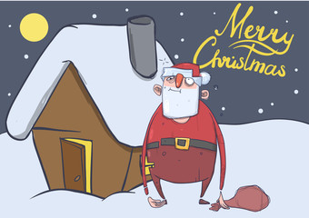 Christmas card of funny drunk Santa Claus with a bag standing next to the house in the snowy night. Santa got wasted. Horizontal vector illustration. Cartoon character. Lettering. Copy space.
