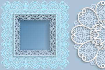 Template for design -  square frame with lace edges and  3D mandala on the side. Template for wedding and other congratulations. There is a place in the frame for text, pictures, photos. Vector.