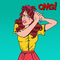 Pop Art Angry Beautiful Woman with Tangled Hair. Frustrated Young Girl with Hair Brush. Vector illustration