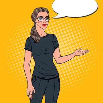 Pop Art Young Beautiful Business Woman Showing on Blank Area Advertising Product. Vector illustration