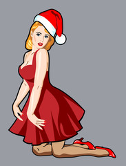 Image of a sexy girl in a traditional style of Old school in the Santa Claus hat 