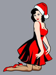 Image of a sexy girl in a traditional style of Old school in the Santa Claus hat