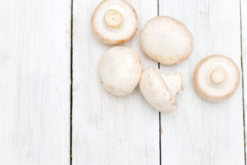 Champignons on a white wooden background and free space. Flat lay