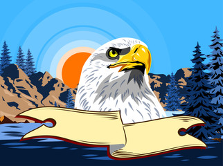 Portrait of an eagle on the background of winter mountains and a banner