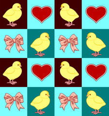 A cute little fluffy yellow chicken with a pink bow. Children's themes