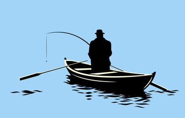 A fisherman with a fishing rod on a boat in the middle of the lake