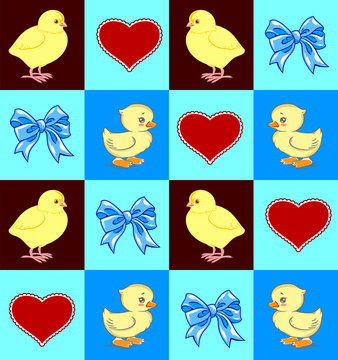 A cute little fluffy yellow chicken with a blue bow. Children's themes