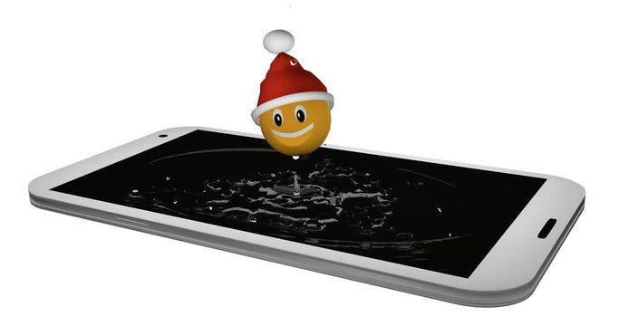 Emoticon mit Weihnachtsmütze springt in das Display eines Handys.