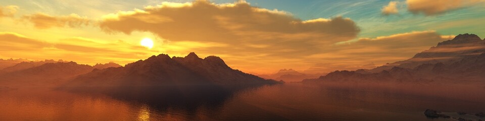 Fototapeta na wymiar beautiful sea sunset, panorama of the ocean under the sky, 3d rendering 